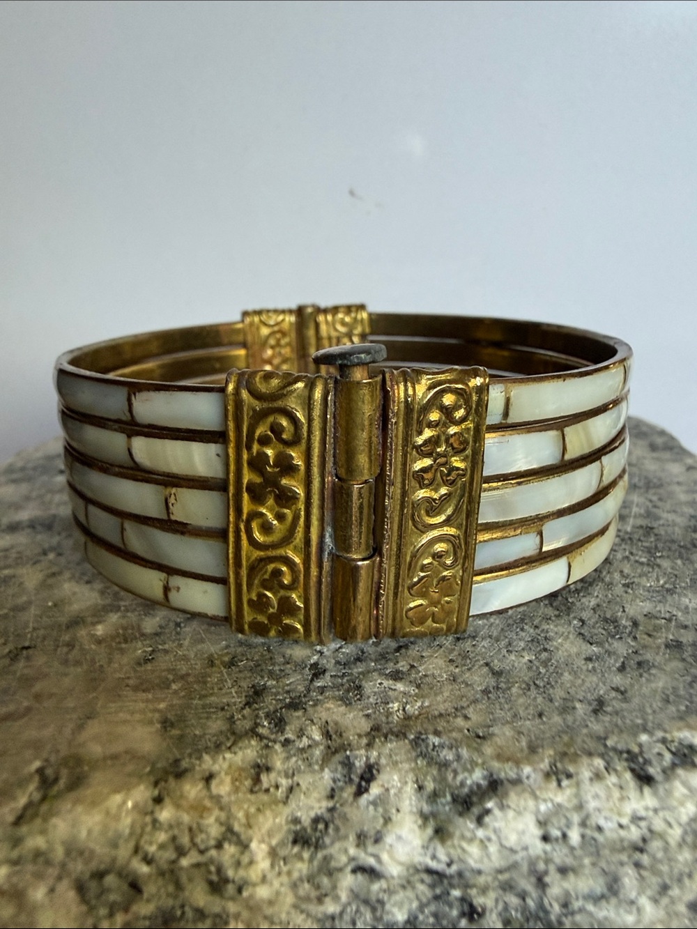 Vintage mother of pearl and brass cuff bracelet